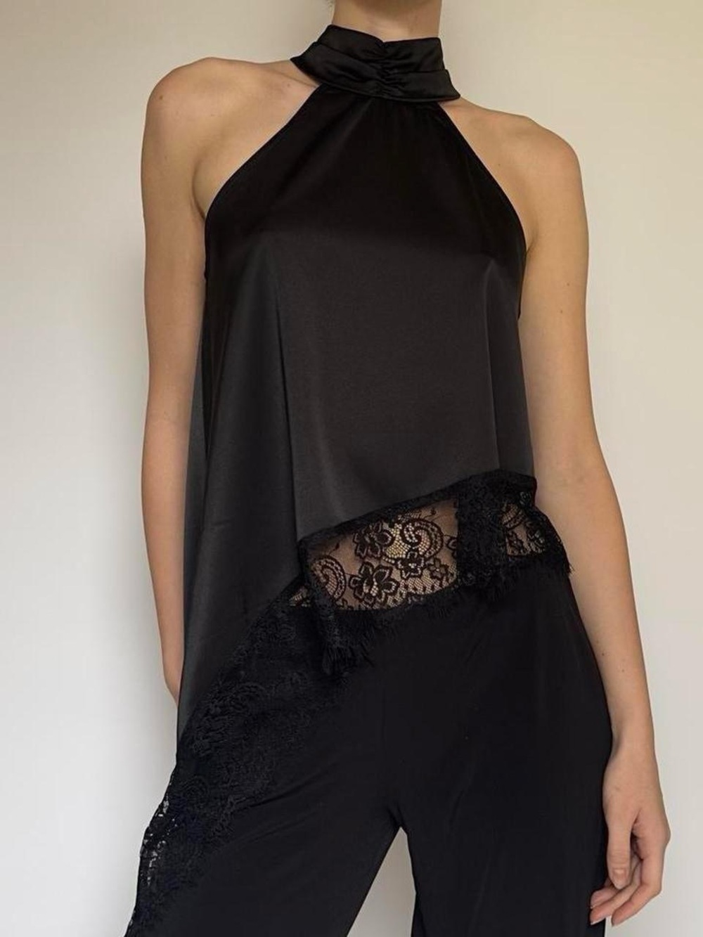 Women's Black Satin Camisole with Lace Trim